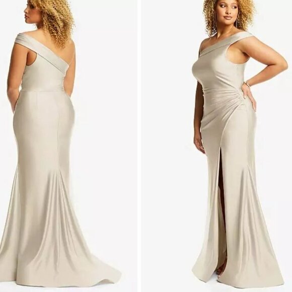 NWT, Cynthia & Sahar XL Luz, One-Shoulder Stretch Satin Mermaid Dress, Champagne - Picture 2 of 13
